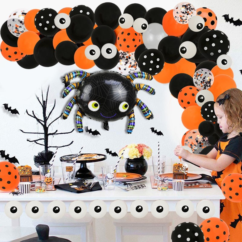 (121-tlg. Set) Halloween Spinnen Luftballon Party Dekoration Augen Latex- & Folienballons mit Konfetti - Schwarz / Orange