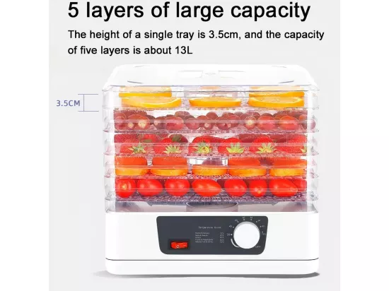 Déshydrateur à aliments 5 plateaux, 30-70°C, séchoir alimentaire 350 W, pour sécher toutes sortes de légumes, fruits - 32x32x26.5 cm