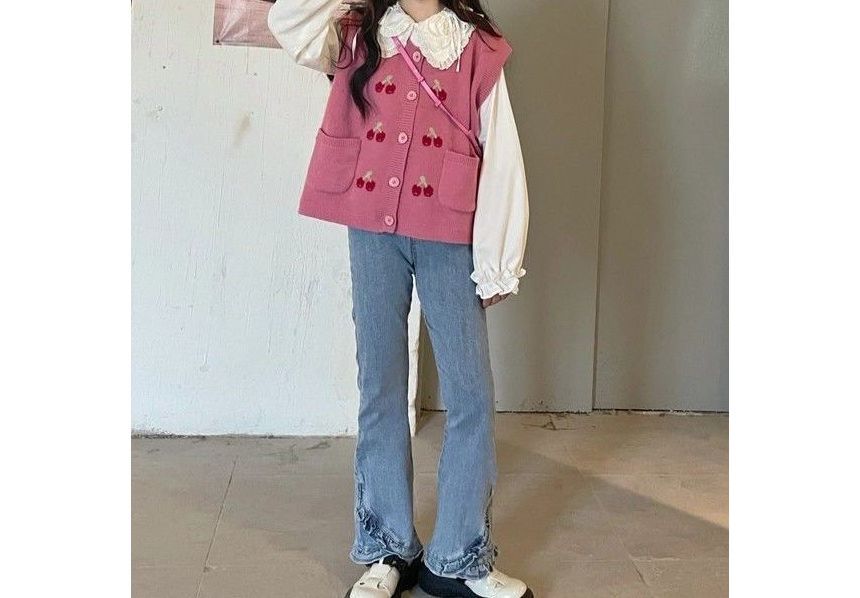 Yako - Blouse met lange mouwen en effen kantversiering / Trui met kersenjacquard en knoopjes / Set