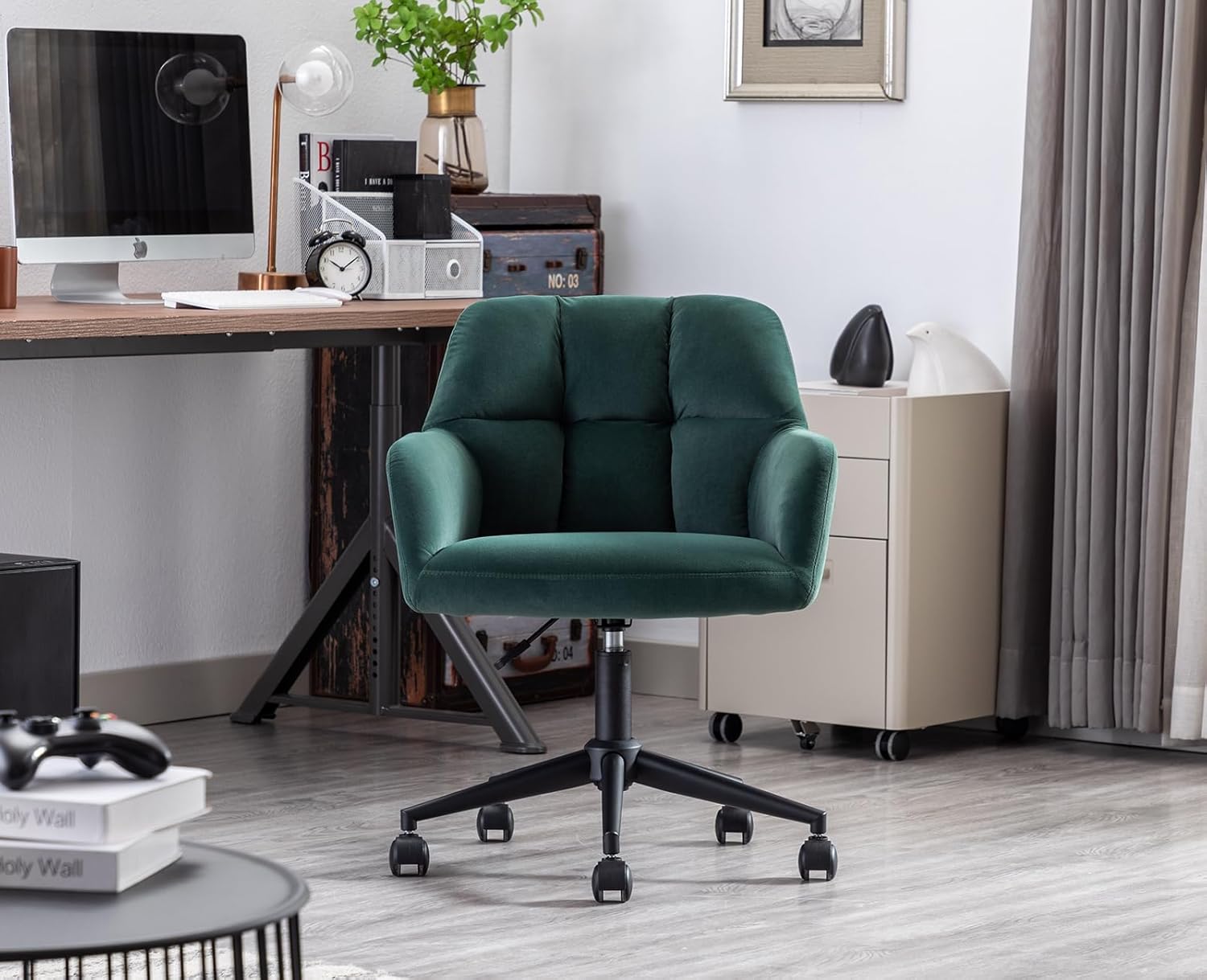 Bürostuhl Samt mit Rollen, Drehstuhl höhenverstellbar Schreibtischstuhl Dicker Rückenlehne Homeoffice Stuhl komfortabler für Arbeitszimmer, Schlafzimmer,Grün