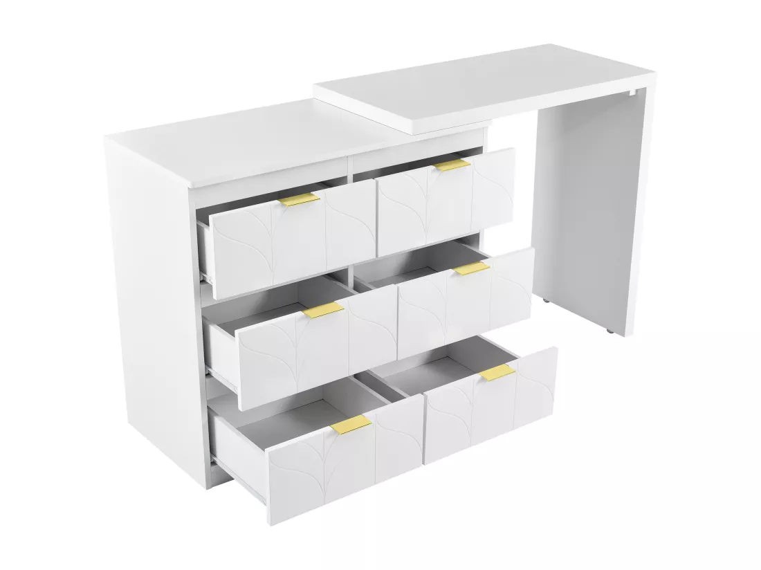 Coiffeuse avec table d'appoint - 6 Tiroirs et plateau pivotant 180° - Bois MDF - Blanc