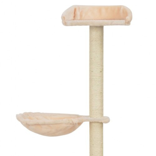 Arranhador bege para gatos com hastes de sisal.