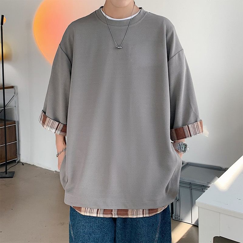 Capbrew - T-shirt met ronde hals, geruit paneel en elleboogmouwen