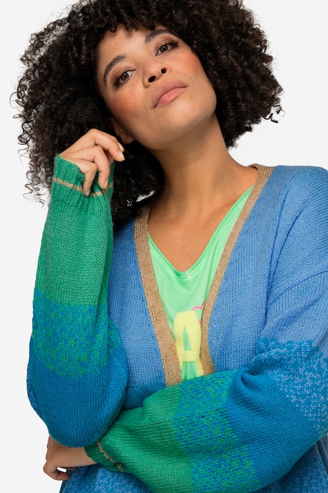 Strickjacke, offene Form, Feinstrick, Blockstreifen, Langarm