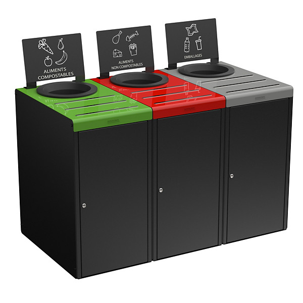 ROSSIGNOL Kit meuble de tri selectif 3x65l pour restauration collective - avec serrure - alitri  - gris manganese / vert /rouge  / gris