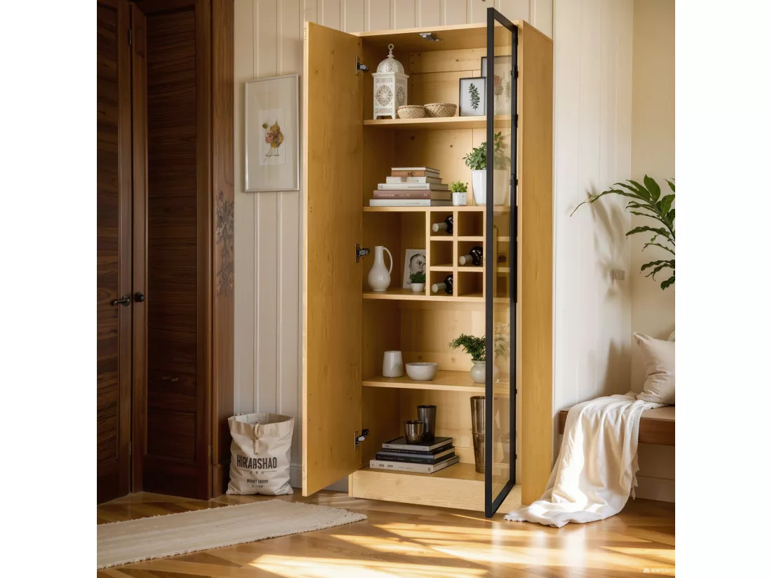 Vitrine H 160cm avec LED - 2 portes avec compartiments - Naturel