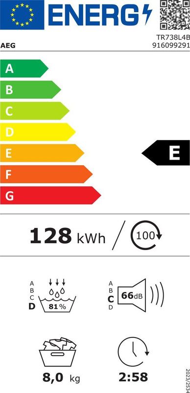 AEG Tr738L4B - Warmtepompdroger - Wit - 8 Kg - Energielabel E