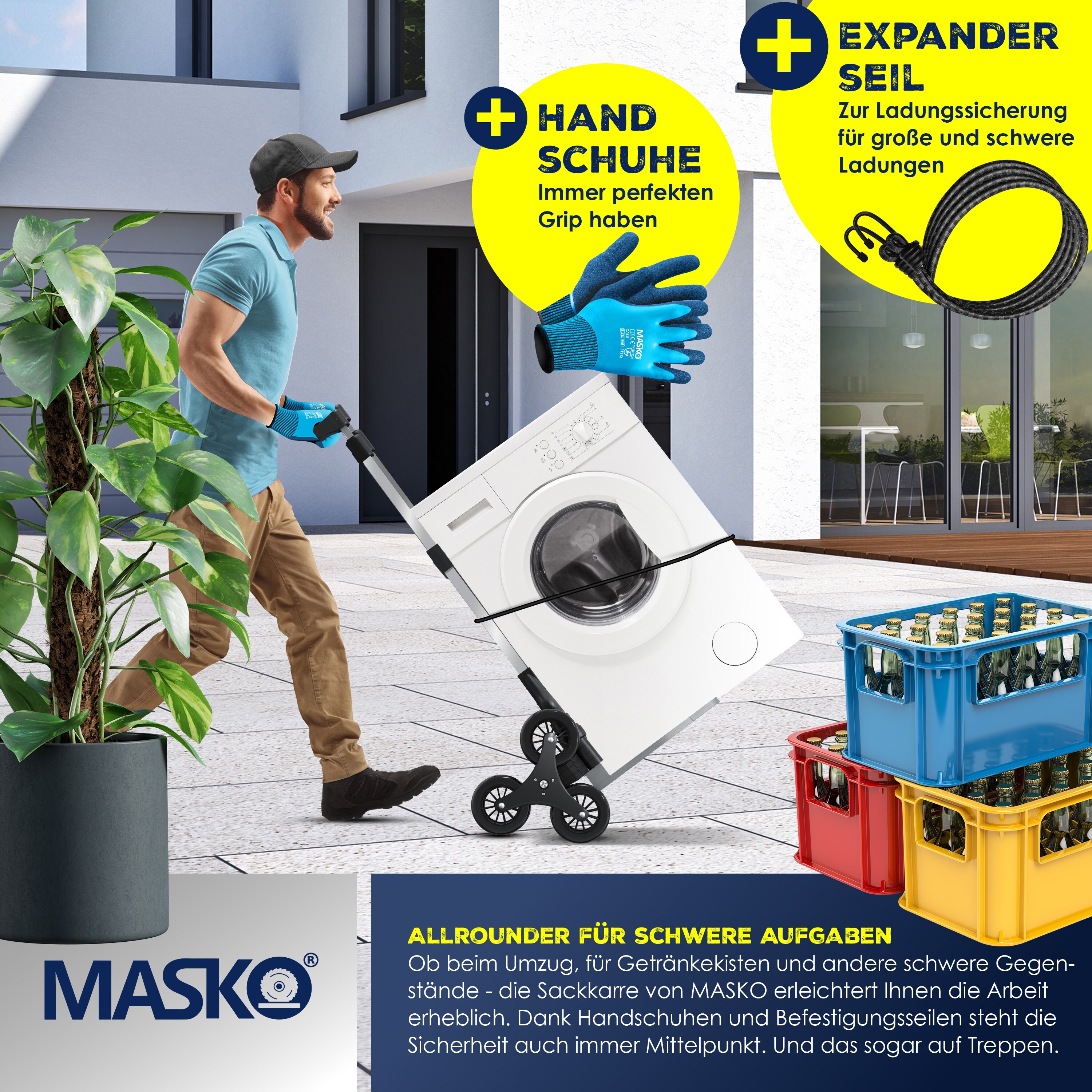 MASKO® Stufen-Sackkarre Treppenkarre Klappbar 80 kg Tragkraft 3x3 Treppensteiger inkl. Rädern + Expanderseil + Handschuhe - höhenverstellbarer Griff - Aluminium Handkarre für Transportkarre