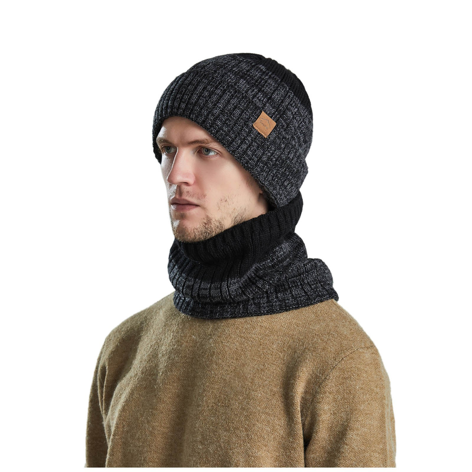 (2-tlg. Set) Unisex Winter Schlauch Schal / Mütze (OneSize) - Schwarz