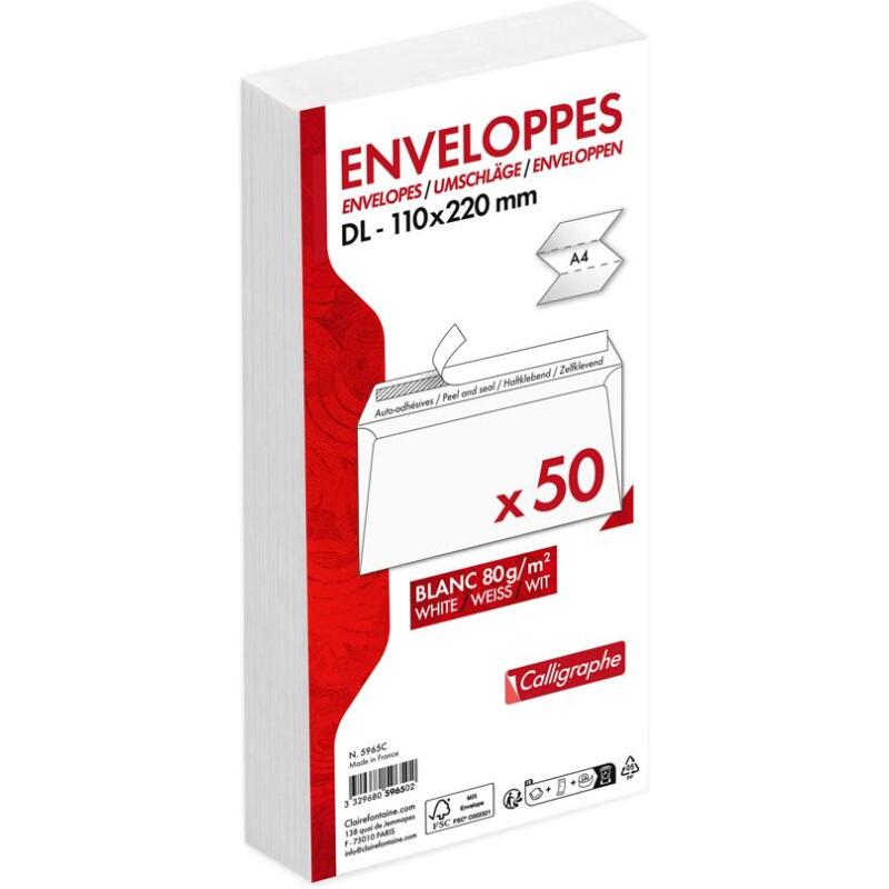 Enveloppe Clairefontaine 80 g/m2 sans fenêtre blanche avec bande de protection - Paquet de 50