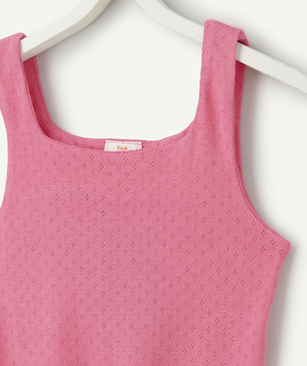 débardeur fille en coton bio et tricot ajouré rose avec noeud