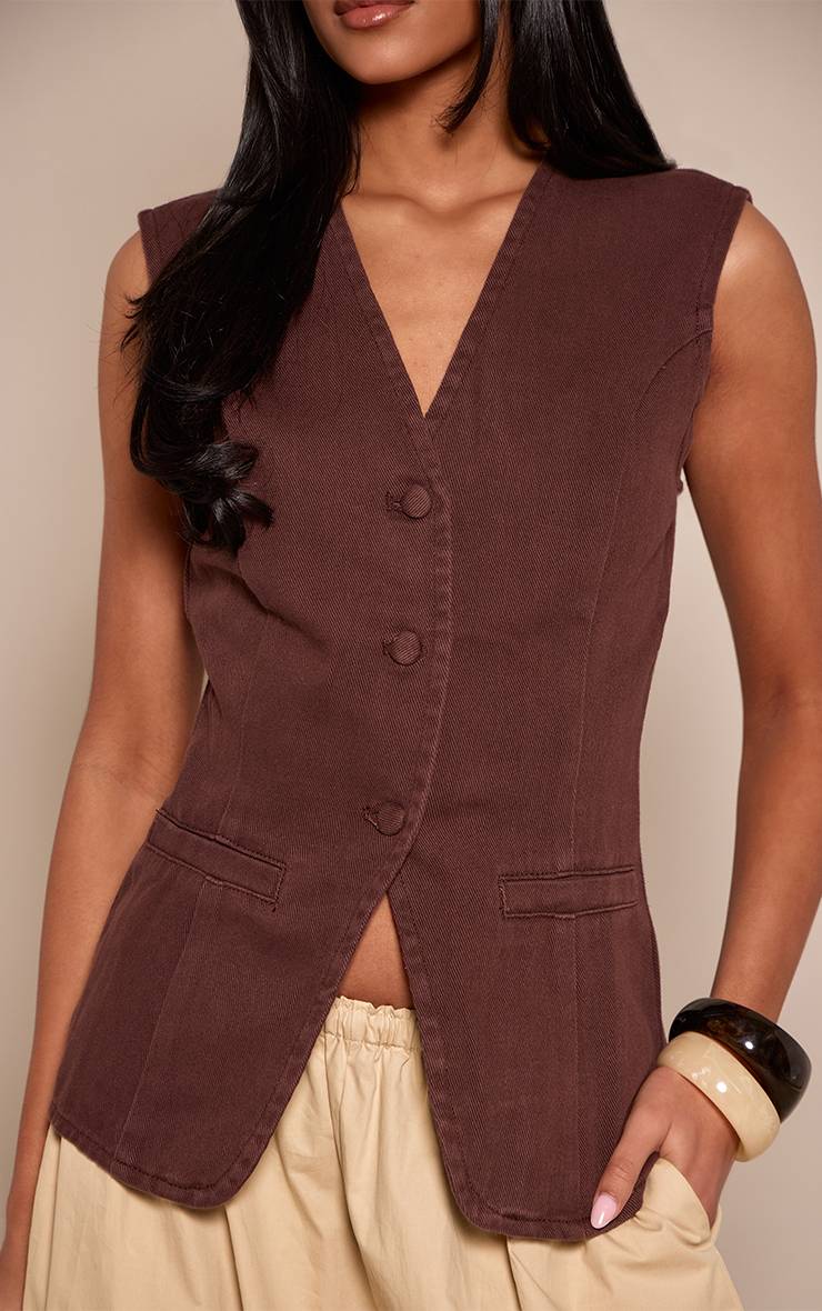 Chocolat Gilet Long En Jean Ajusté Style Tailleur Pour Grandes Tailles
