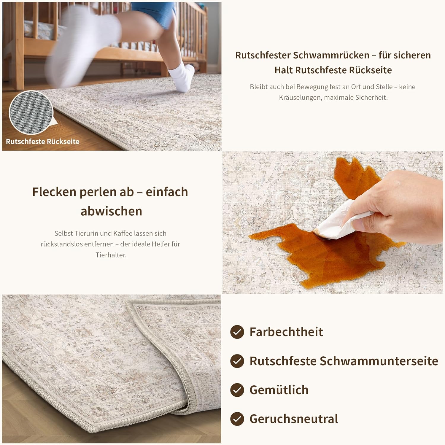 Teppich Wohnzimmer 200x300cm Waschbarer Vintage Beige Tepich for Schlafzimmer kurzflor rutschfest Weich Böhmischen Groß Retro Carpet für Küchen Esszimmer Bedroom Büro Living Room
