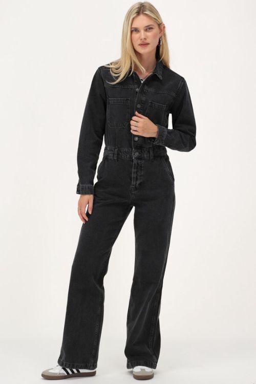 Zwarte denim jumpsuit met lange mouwen
