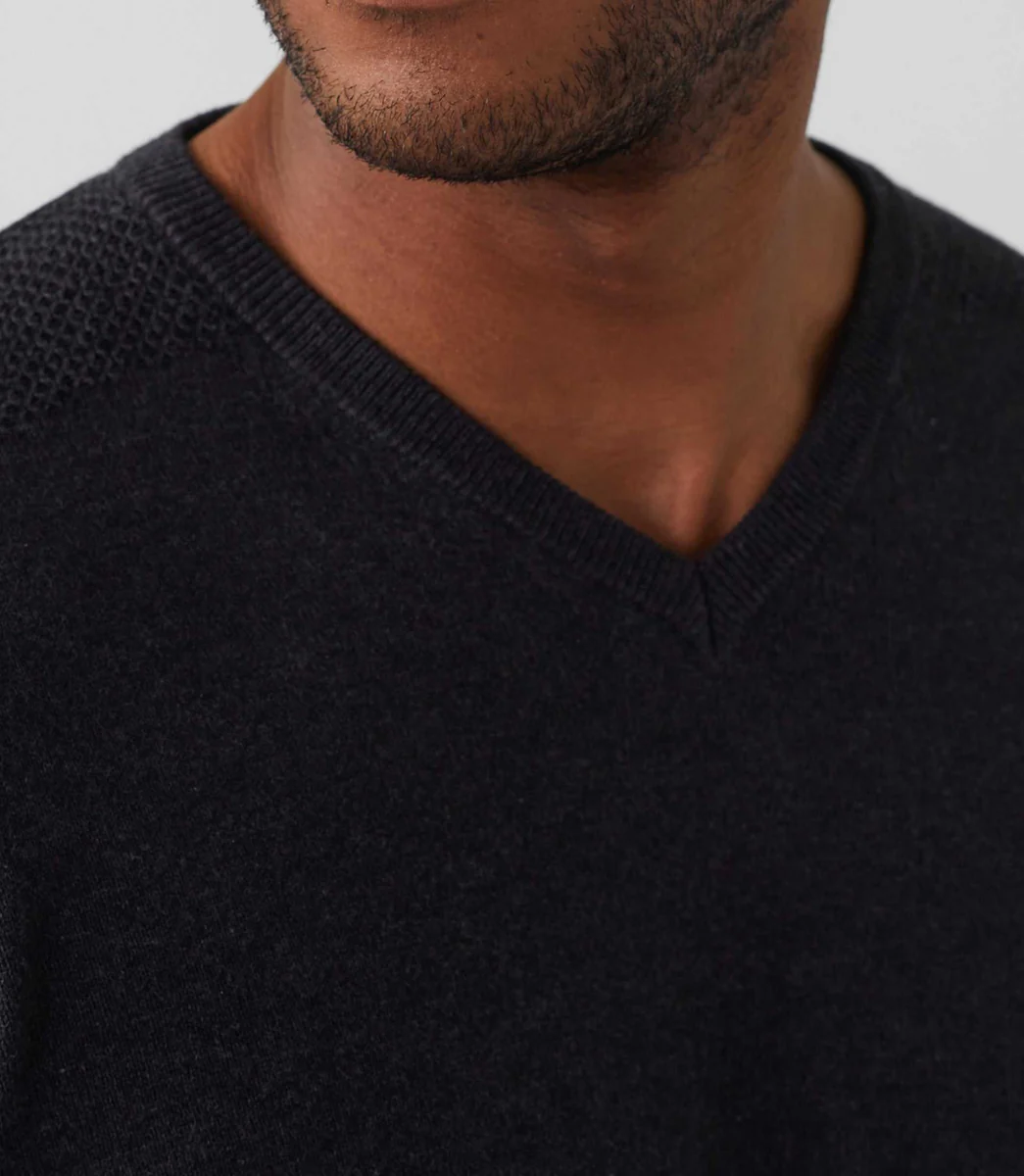 Pull col V coton-cachemire anthracite chiné 
