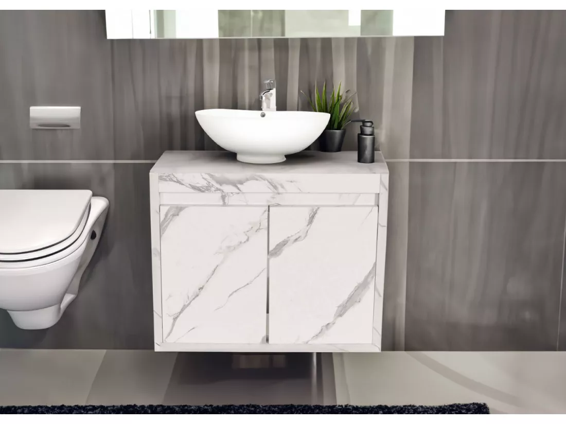 Meuble sous-lavabo MCW-L86, aspect marbre blanc