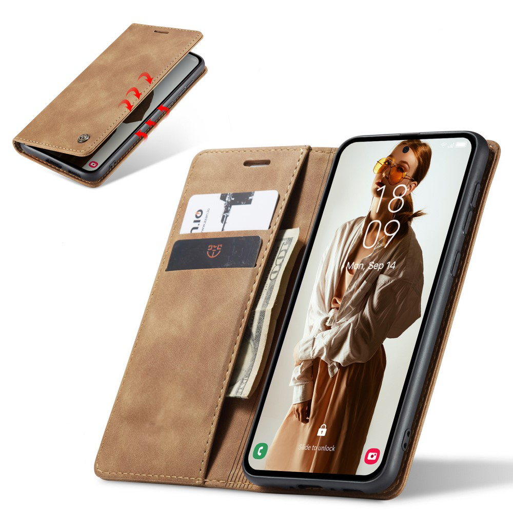 Samsung Galaxy A55 Leder Tasche Flip Wallet Etui mit Kartenfächern - Hellbraun