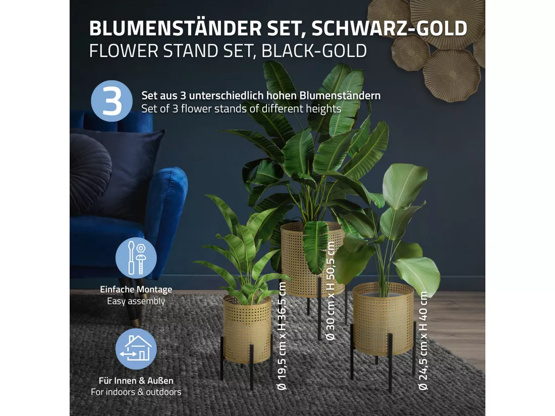 ML-Design Support pour fleurs, set de 3 pièces noir et or, en acier, support pour plantes en métal, support pour pots de fleurs avec cache-pot, support pour pots de fleurs 3 pièces, pots de plantes, colonne pour fleurs, tabouret pour plantes.