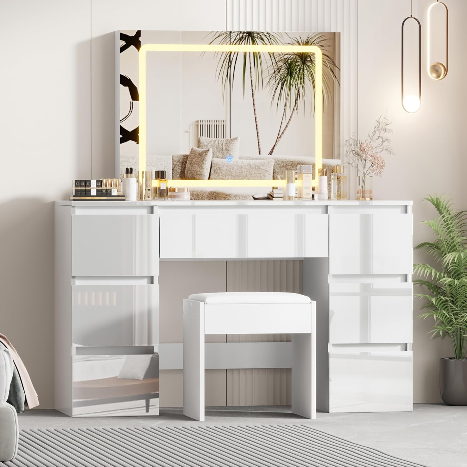 LSLIFE Schminktisch mit Spiegel und Hocker Weißer Schminktisch mit LED-Beleuchtung 7 Schubladen Hochglanz Make-up Schreibtisch Schlafzimmer Ideal für Mädchen und Frauen Schlafzimmer Möbel (Weißer)