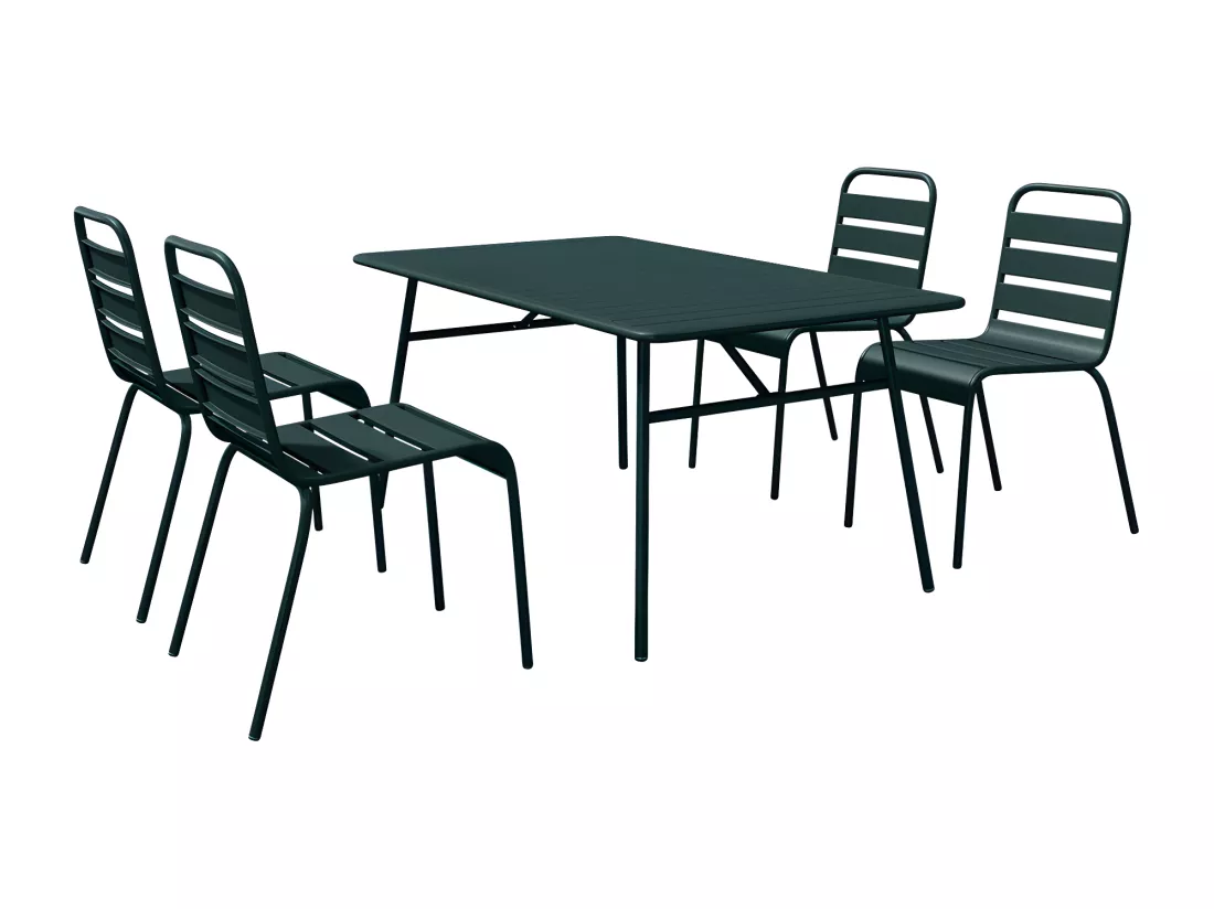 Salle à manger de jardin en métal - une table L.160 cm et 4 chaises empilables - Vert sapin - MIRMANDE de MYLIA
