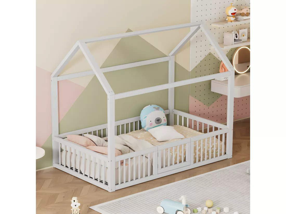 Lit cabane pour enfant - 90x200cm - en bois massif - Blanc