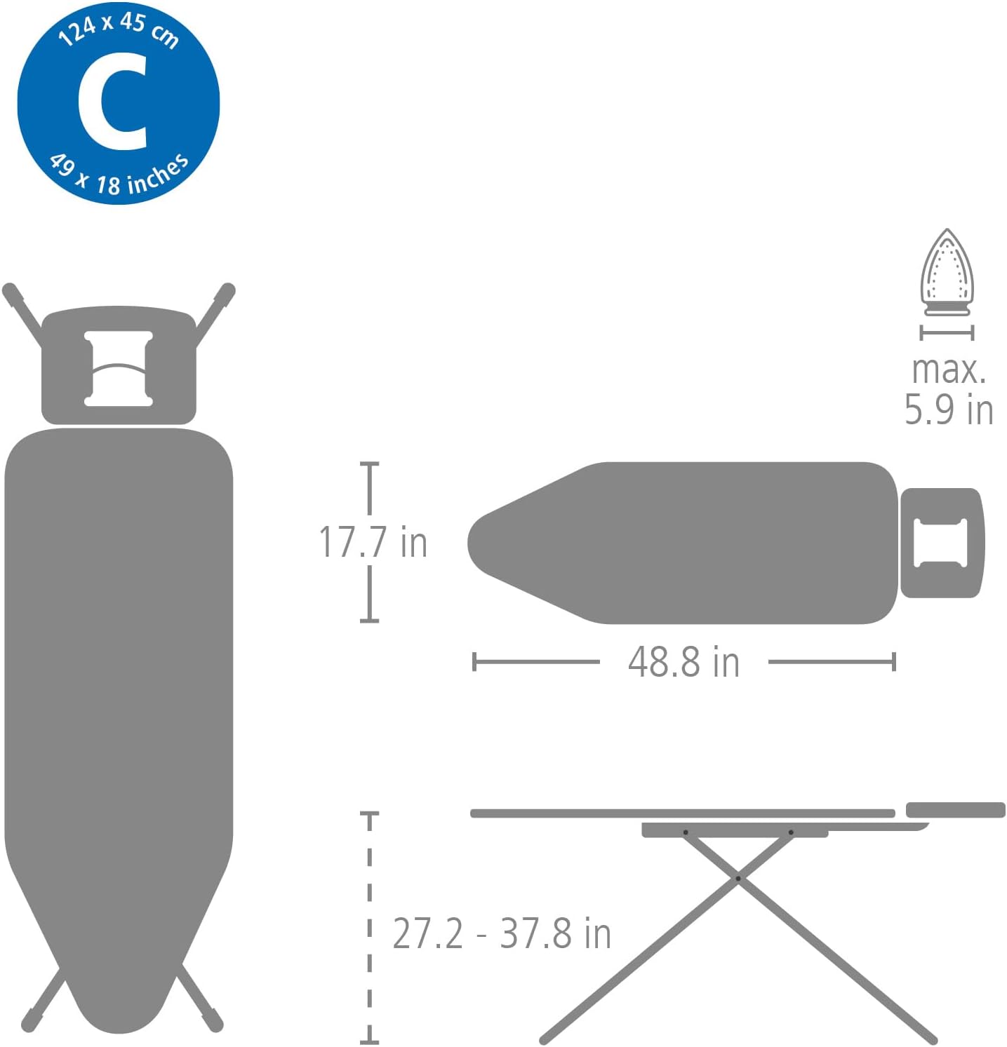 Brabantia - Bügelbrett C - für Dampfbügeleisen - XL-Dampfbügelbrett - Höhenverstellbar - für Links- oder Rechtshänder - Solider Vierfußrahmen - Bügeleisen bis 15 cm - Denim Black - 124 x 45 cm