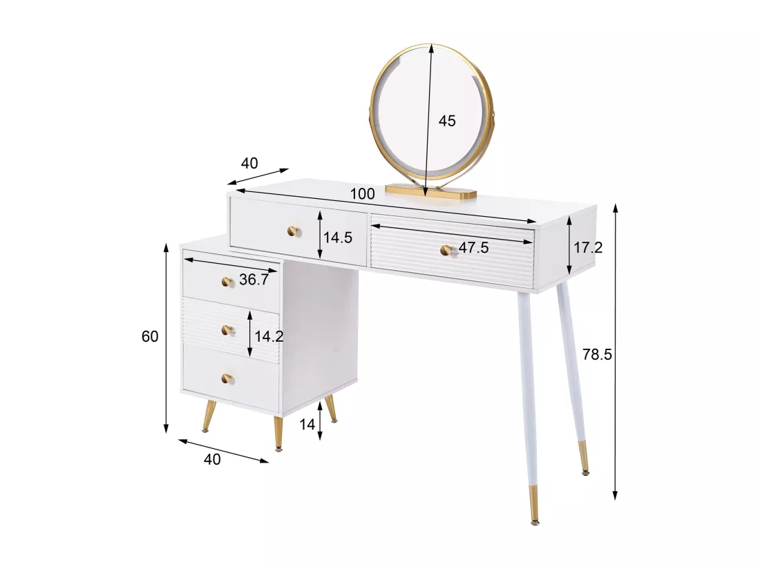 Coiffeuse avec miroir et 5 tiroirs - 100 x 40 x 78 cm - Panneau de particules - LEDs - Blanc (sans tabouret)