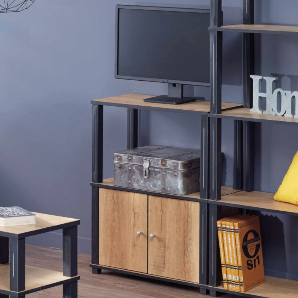 Meuble TV hifi bois 2 étagères 1 niche naturel et noir