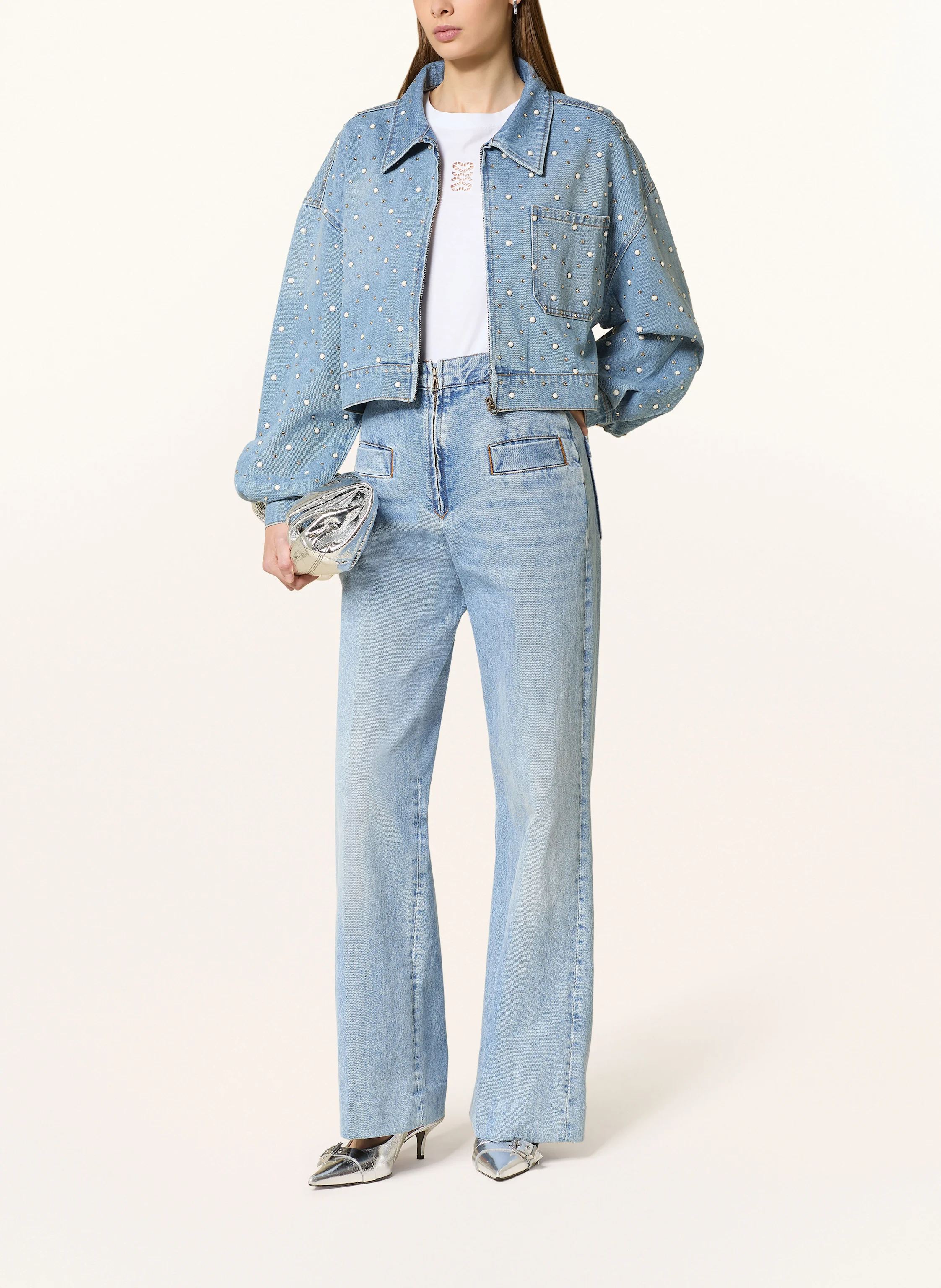 SANDRO Jeansjacke mit Perlen und Schmucksteinen