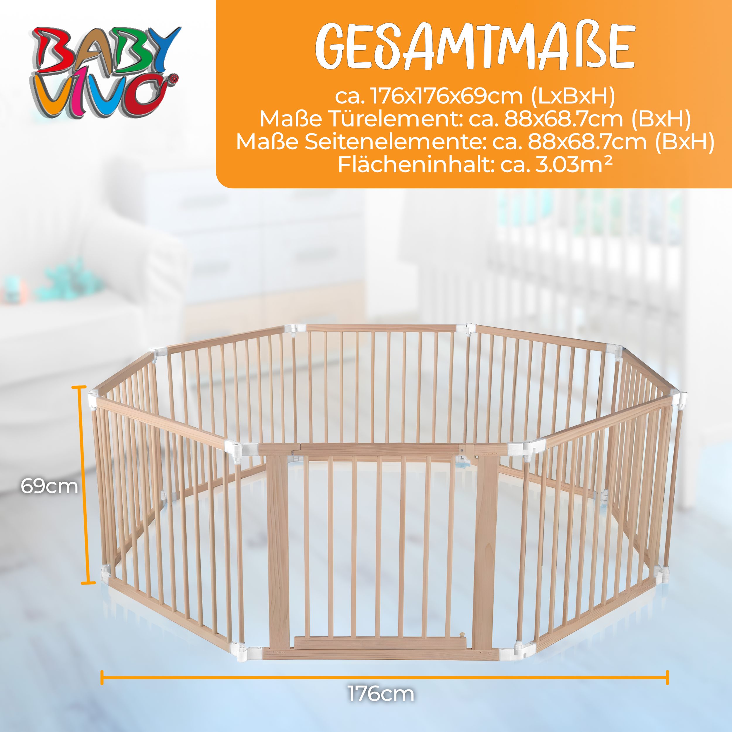 Baby Vivo Laufgitter aus Holz 8 Elemente - individuell verstellbar - PREMIUM in Weiß