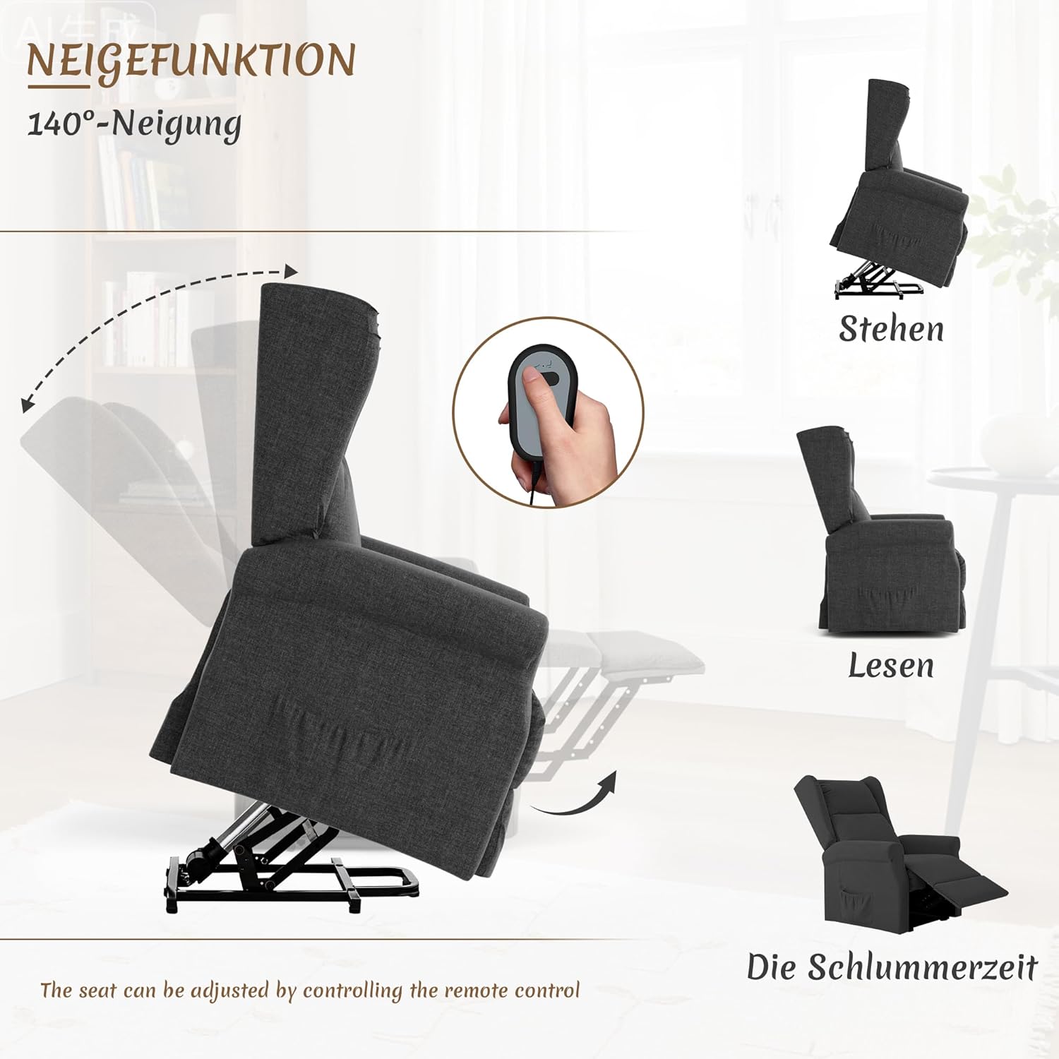 Elektrischer Aufstehsessel, Fernsehsessel mit Aufstehhilfe, Relaxsessel mit Liegefunktion, Liegesessel für Senioren, mit Fernbedienung, Fußstütze, Sesselsofa, Dunkelgrau