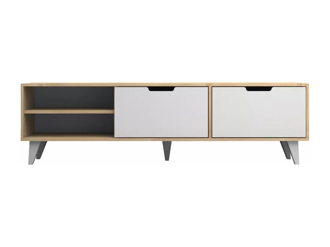 Meuble TV avec 2 portes et 2 niches - Blanc et Naturel - CORENIA