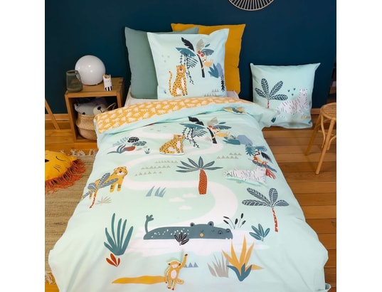 COTE DECO - Ensemble couette + 1 oreiller Parure de lit enfant jungle avec animaux à scratcher - 100...