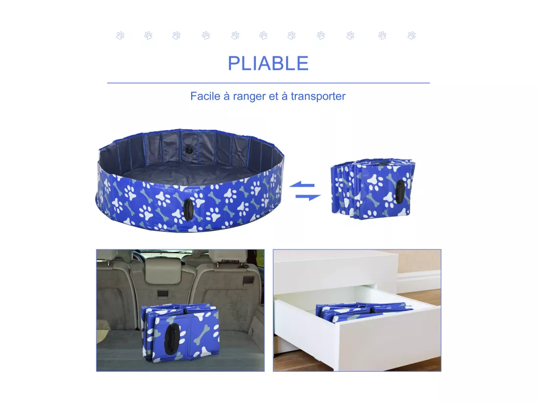 Piscine pour chien bassin PVC pliable anti-glissant facile à nettoyer Ø 1,4 m hauteur 30 cm motifs os pattes bleu