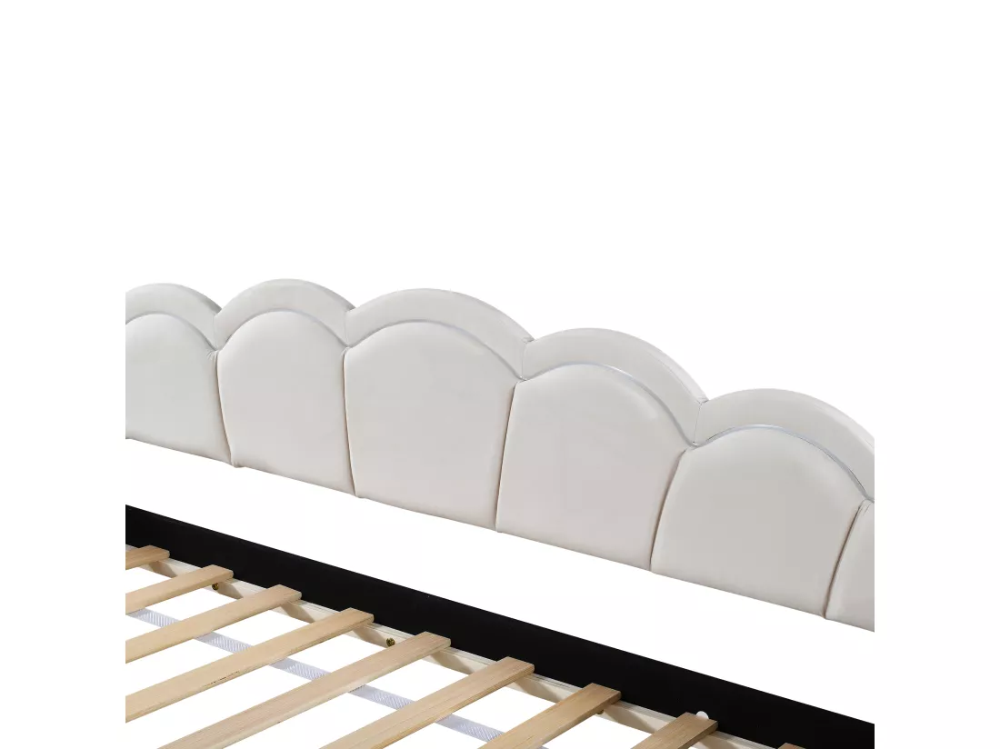 Lit banquette 90x200cm avec LED + lit gigogne 90x190cm - rembourré en tissu velours - Beige (matelas non inclus)