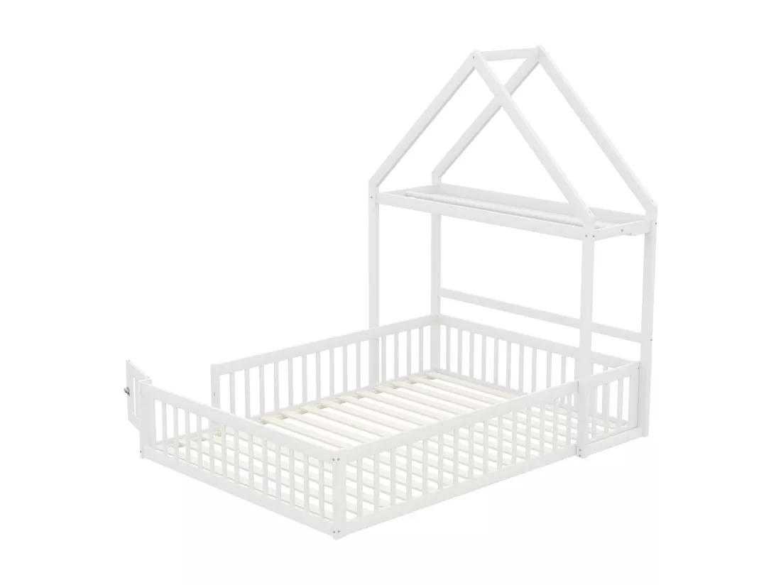 Lit enfant cabane 140x200cm en bois massif - avec tringle à vêtements - Blanc