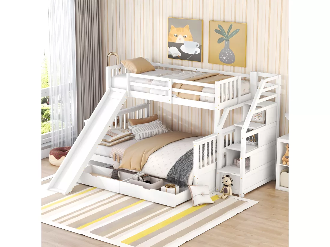 Lit superposé avec tiroirs - 90 x 200 cm + 140 x 200 cm - échelle, toboggan et sommier à lattes - Coloris blanc