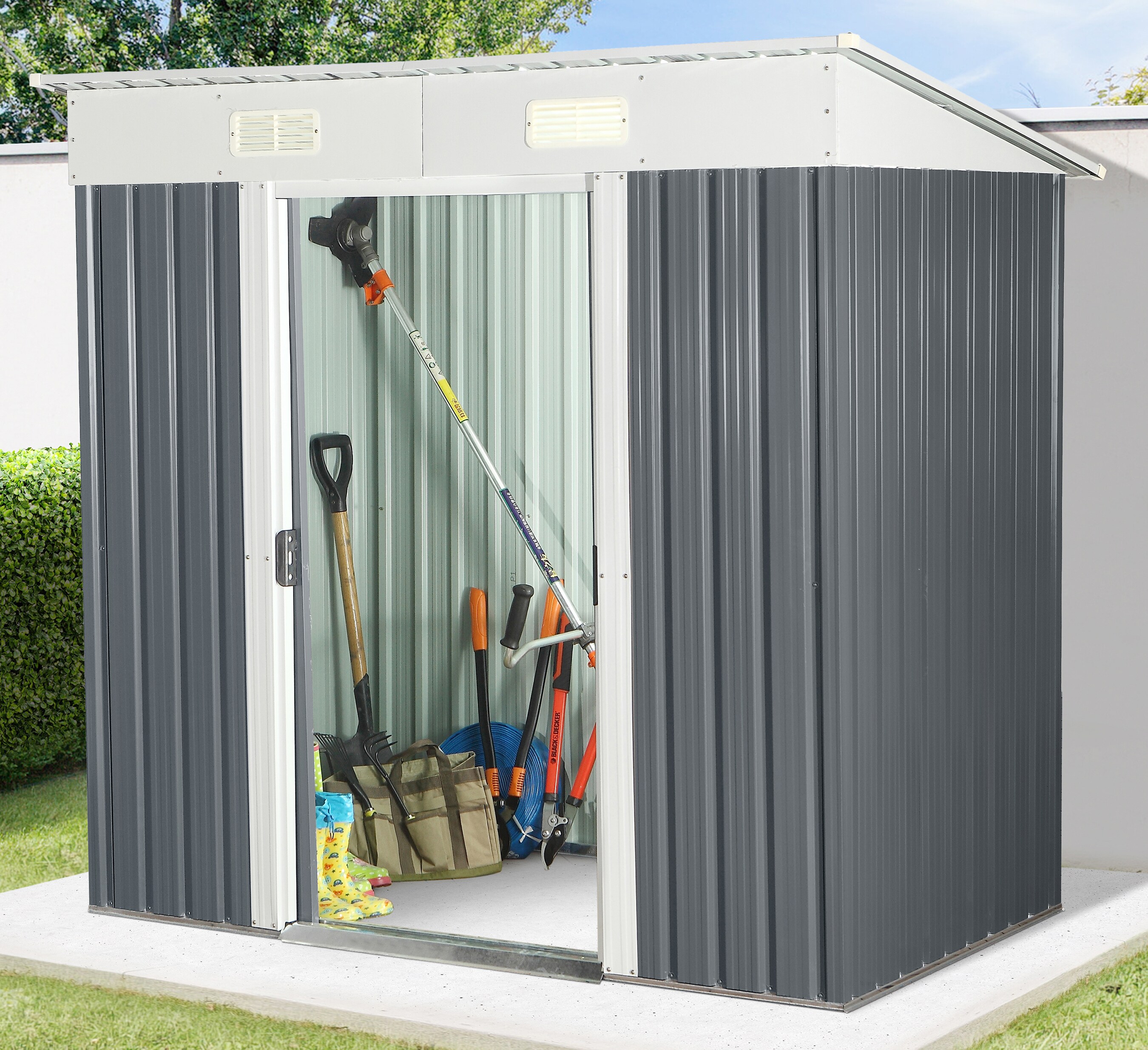 Geräteschuppen mit Doppelschiebetür und Belüftung aus Metall Gerätehaus SAFE M