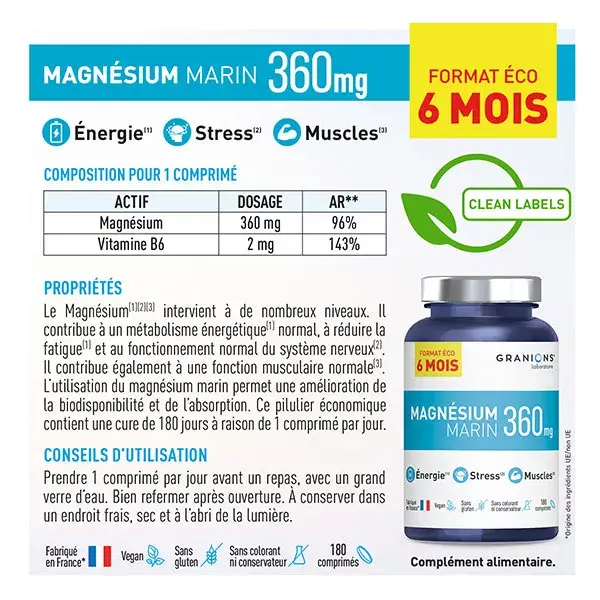 Granions Magnésio Marinho 360 mg Embalagem Ecológica 6 Meses 180 comprimidos