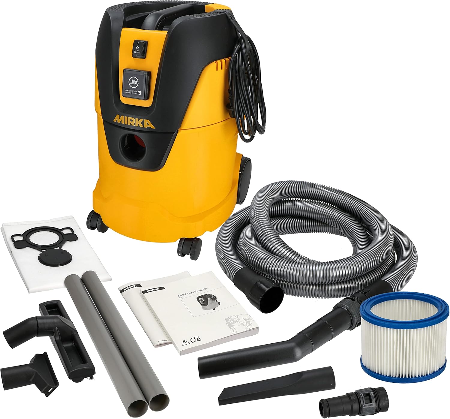 MIRKA Industriestaubsauger Nass- und Trockensauger 25 Liter/Absaugschlauch / 1000 W Leistung/inkl. Adapter Schleifmaschinen/Düsenset, Schwarz, Gelb