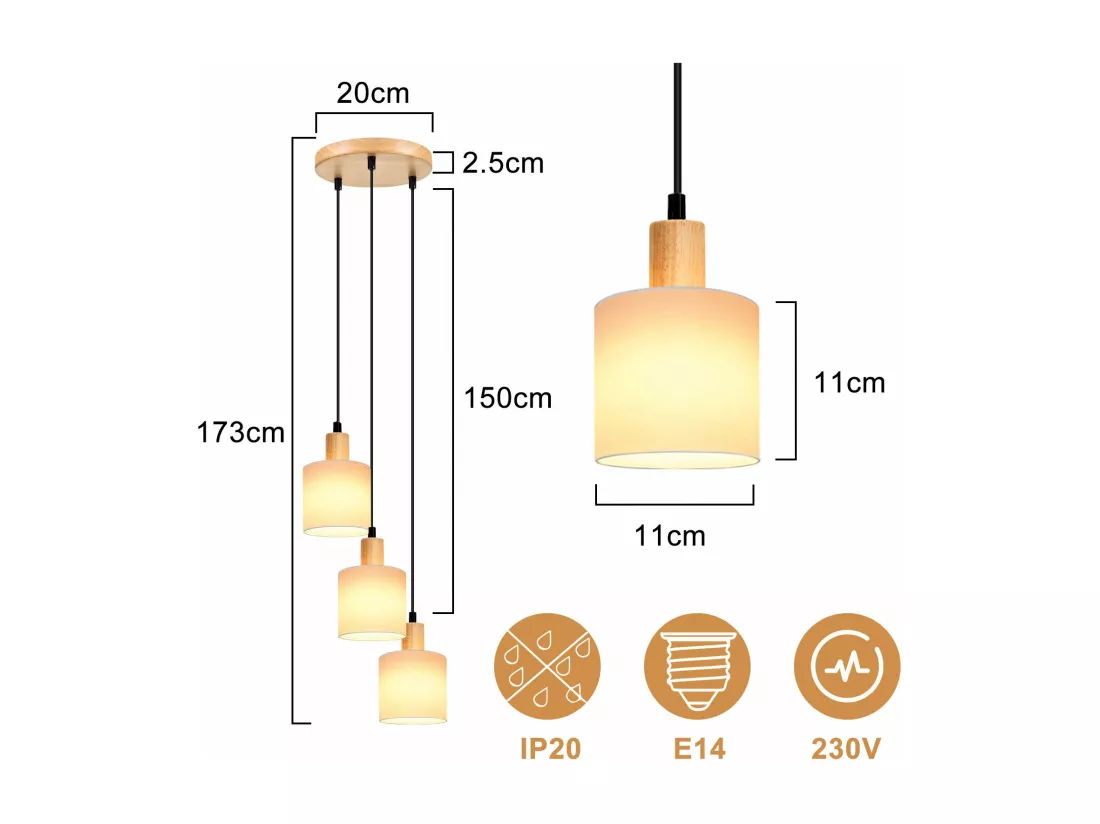 NETTLIFE Suspension bois blanc Diam.20 cm E14 vintage 3 ampoules ronde pour salle à manger restaurant cuisine chambre bureau