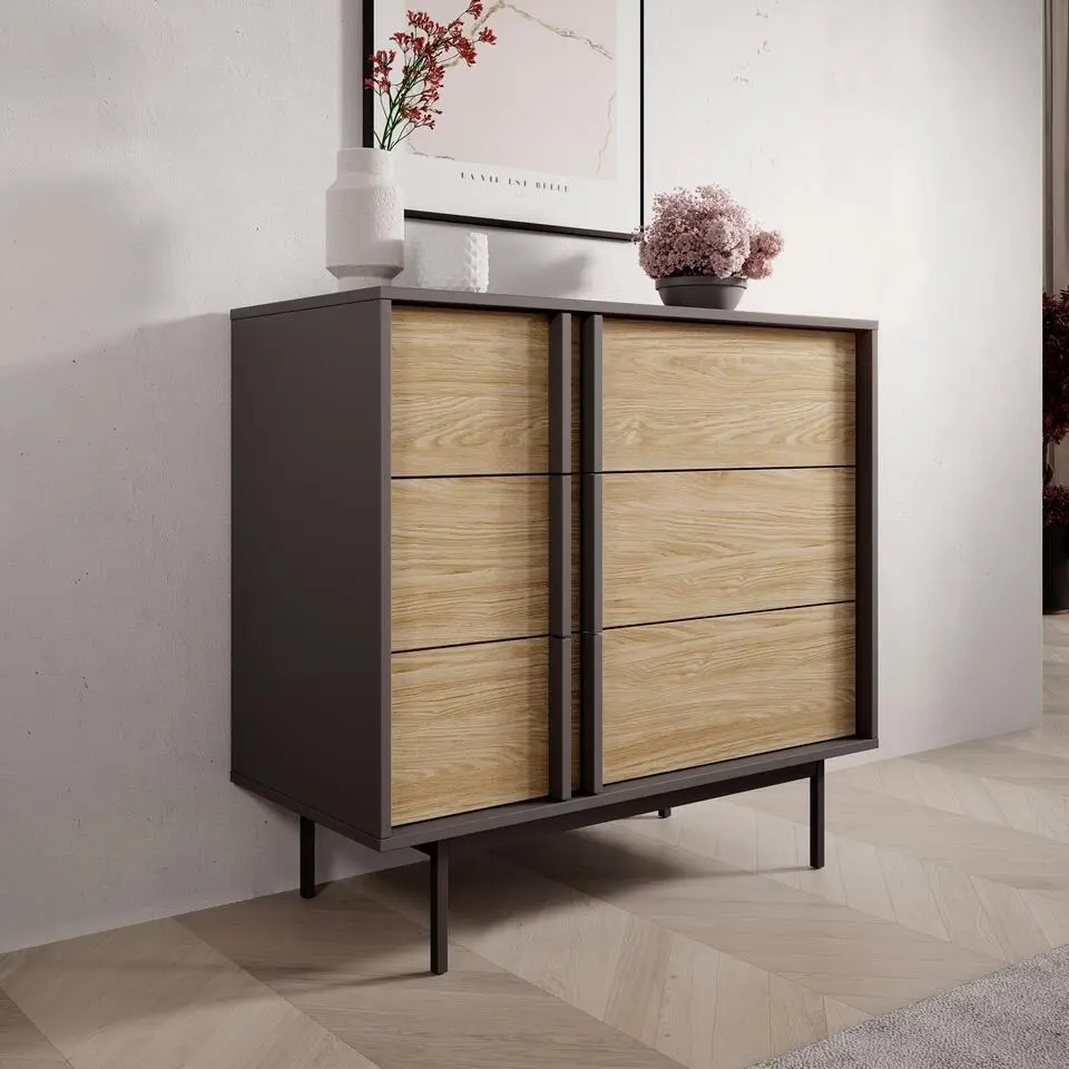 Meubella - Antigo - Ladekast met 3 lades - Eiken/Antraciet - 93x43x87 cm