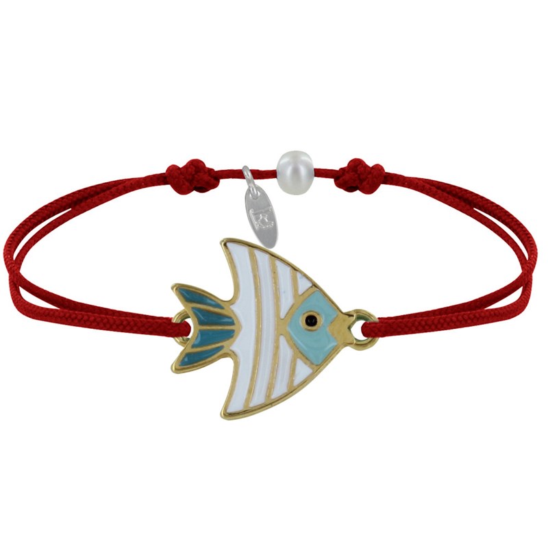 Bracelet Lien Médaille en Laiton Poisson Émaillée Blanche et Turquoise - Rouge