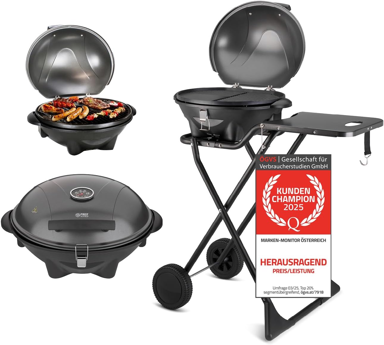 TZS First Austria - Elektrogrill 2 in 1 Tischgrill & Standgrill 2400W - Elektrischer & klappbarer Grill für Balkon & Terrasse mit Deckel & Rollwagen - Elektro-Kugelgrill mit Thermometer & Tropfschale