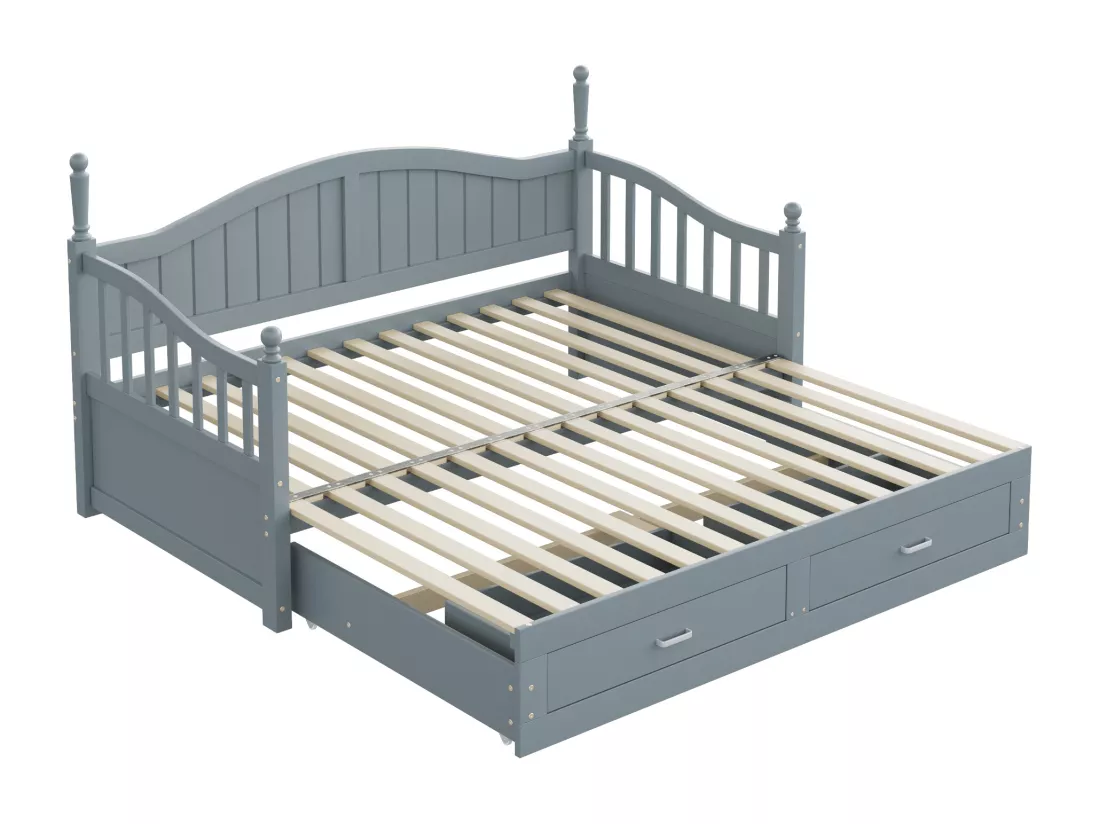 Canapé-lit pliant en bois massif - avec colonnes romaines - dossier et accoudoirs courbés - avec 2 tiroirs - gris (matelas non inclus)