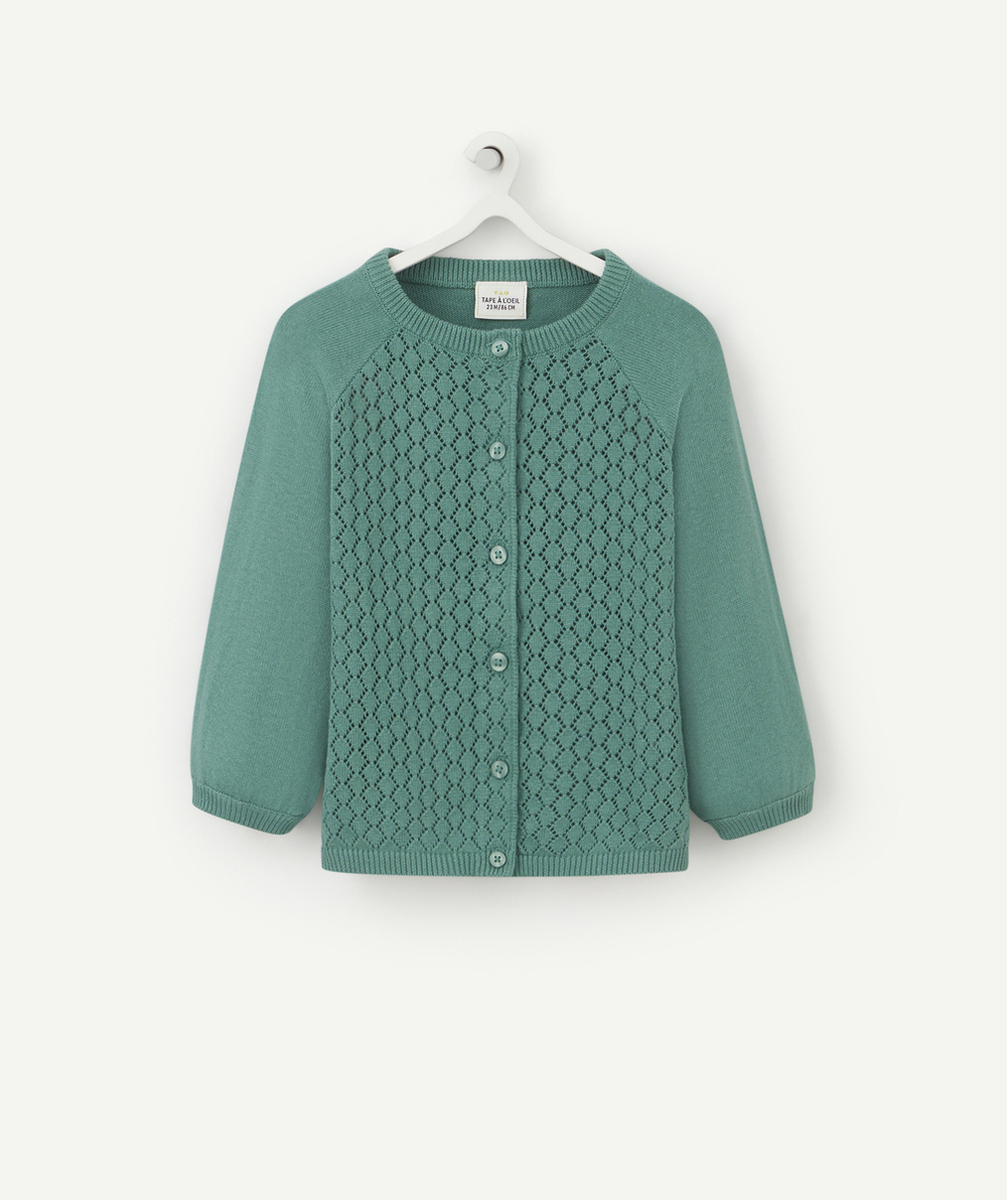 CARDIGAN BÉBÉ FILLE VERT EN COTON AJOURÉ