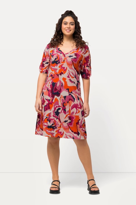 Strandkleid, Stickblumen, A-Linie, V-Ausschnitt, Halbarm