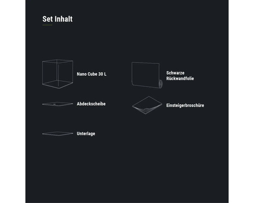 DENNERLE Nano Cube 30L aquarium met zwarte achtergrondfolie, schuimmat, afdekglas en beginnersbrochure, ca. 30 x 30 x 35 cm