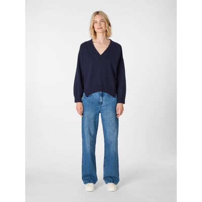 Damen-Strickpullover V-Ausschnitt, Navy