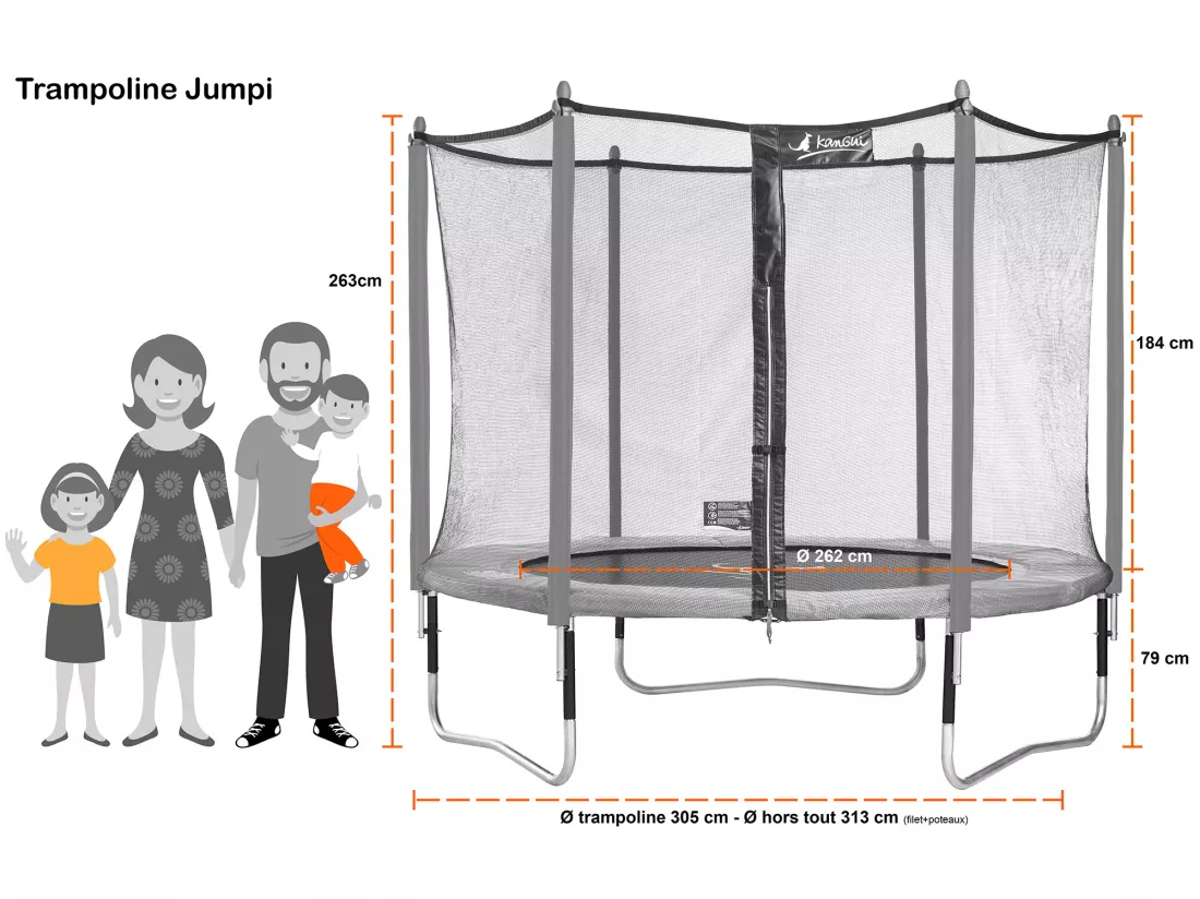 Kangui - Trampoline de jardin 305 cm + filet de sécurité + échelle + bâche de protection JUMPI Taupe/Vert 300.
